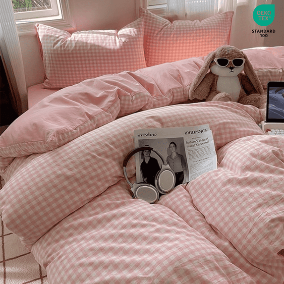 2 Pieces Girl Pink Plaid Bedding Set Pink Grid Geometric Pattern Comforter Cover Soft Plaid Microfiber Twin Duver Cover Set