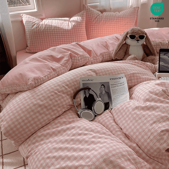 2 Pieces Girl Pink Plaid Bedding Set Pink Grid Geometric Pattern Comforter Cover Soft Plaid Microfiber Twin Duvet Cover Set