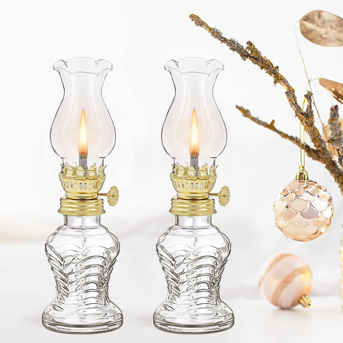 2 Pieces Glass Oil Lamp, Vintage Glass Clear Kerosene Lamp Indoor ...