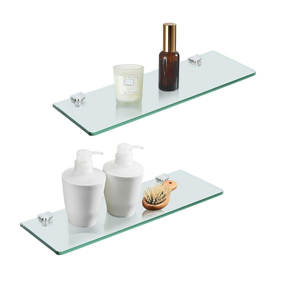 2 Pieces Glass Shelves, Glass Floating Shelves for Room Decor, Glass Shelf for Bathroom, Wall Mount Floating Glass Shelves, Stainless Steel Glass Shelf for Kitchen Storage