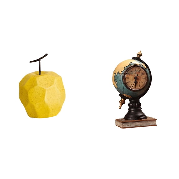 2 Pieces Globe Figurine Porcelain Fruit Sculpture Desktop Clock Modern Geometric Art for Office Living Room Table Decor