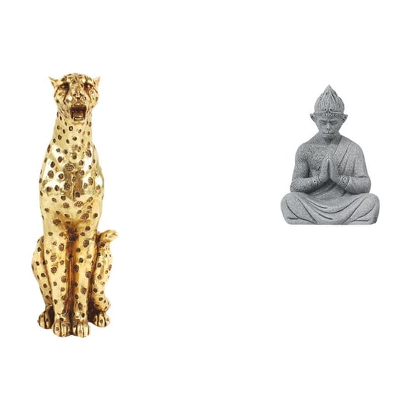 2 Pieces Gold Cheetah Buddha Animal Sculpture Monkey Figurine Sandstone Resin Unique Decoration for Garden Office Home