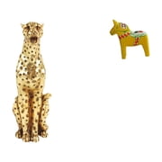 2 Pieces Gold Cheetah Figurine Swedish Dala Horse Statue Animal Sculpture Wood Material for Living Room Desk Entryway