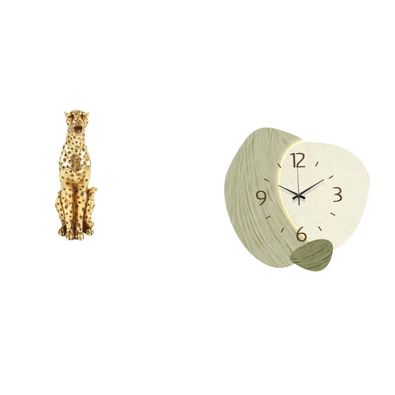 2 Pieces Gold Cheetah Figurine Wall Clock Resin Material Silent Decor for Living Room Office Bedroom