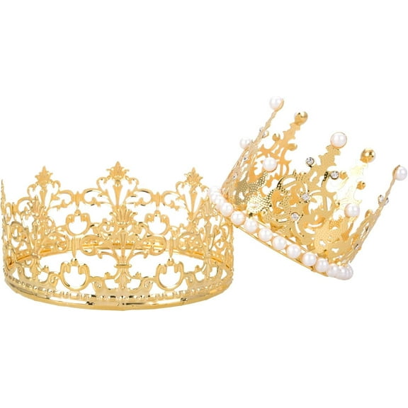 2 Pieces Gold Crown Cake Topper Princess Rhinestone Pearl Crown Decoration For Wedding Birthday Cake Decoration