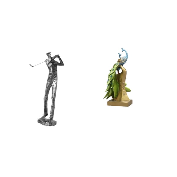 2 Pieces Golfing Figurine Peacock Statue Resin Sculpture Modern Design for Shelf Office Home Decor