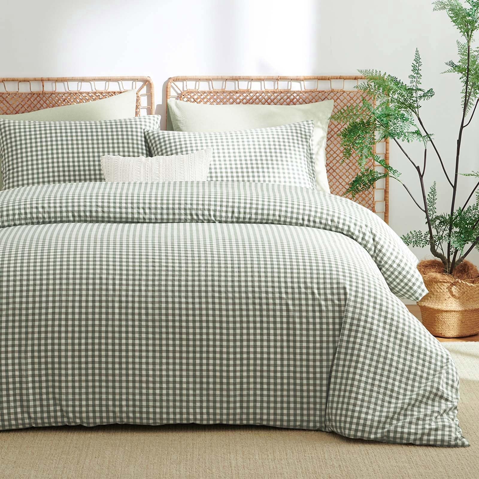 2 Pieces Green Gingham Duvet Cover 100% Washed Cotton Plaid Checkered Twin Duvet Cover Set Modern Grid Bedding Set with Zipper Closure Corner Ties