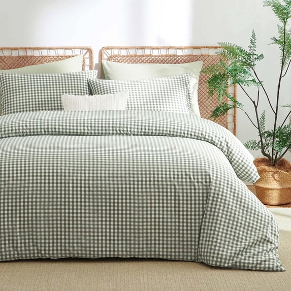 2 Pieces Green Gingham Duvet Cover 100% Washed Cotton Plaid Checkered Twin Duvet Cover Set Modern Grid Bedding Set with Zipper Closure Corner Ties