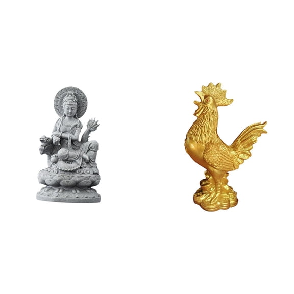 2 Pieces Guan Yin Figurine Rooster Sculpture Chicken Statue Resin Craft for Entryway Table Home Display