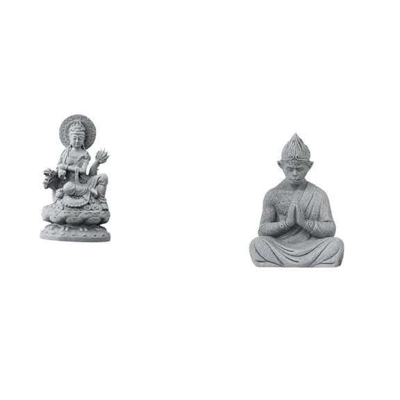 2 Pieces Guan Yin Monkey Buddha Figurine Sculpture Sandstone Material Unique Artwork for Home Hotel Decoration