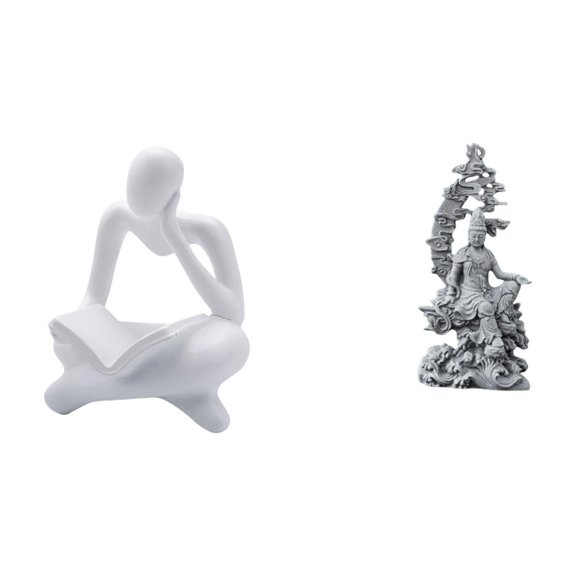 2 Pieces Guan Yin Statue Abstract Thinker Human Figurine Resin Crafted Ornament for Tabletop Shelf Office Living Room