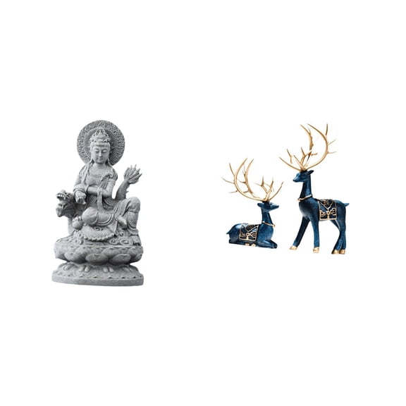 2 Pieces Guan Yin Statue Deer Figurine Sculpture Resin Material for Living Room Desktop Home Decoration