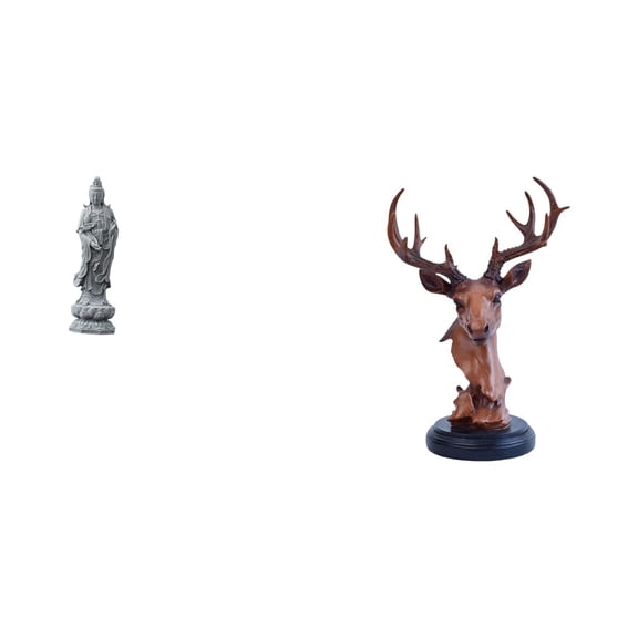 2 Pieces Guan Yin Statue Deer Head Figurine Tabletop Ornament Resin Craft for Living Room Shelf Desk Decor