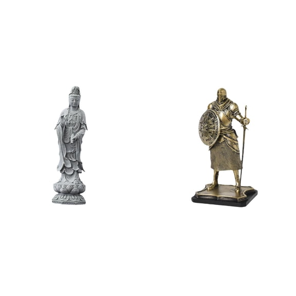 2 Pieces Guan Yin Statue Knight Artwork Stone Resin Construction Vintage Design Suitable for Office Bookshelf Cabinet