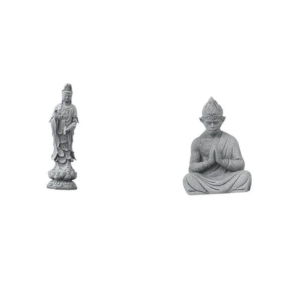 2 Pieces Guan Yin Statue Monkey Buddha Miniature Sandstone Craft Artwork for Living Room Desk Patio Display