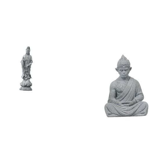 2 Pieces Guan Yin Statue Monkey Figurine Sculpture Sandstone Material for Home Office Meditation Space