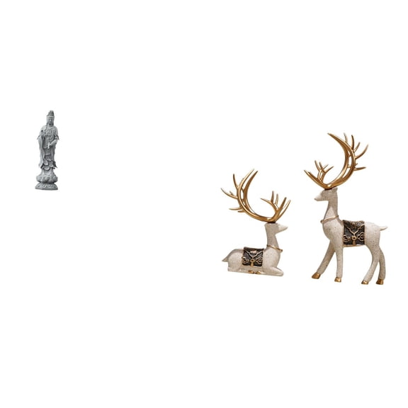 2 Pieces Guan Yin Statue Reindeer Sculpture Deer Figurine Durable Resin Compact Size for Living Room Desk Decor