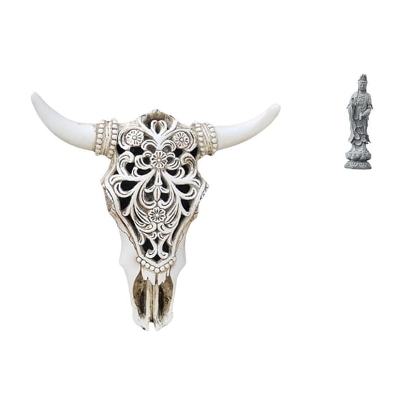 2 Pieces Guan Yin Statue Resin Cow Head Wall Decor Skull Wall Sculpture Traditional Pattern for Office Farmhouse Bedroom