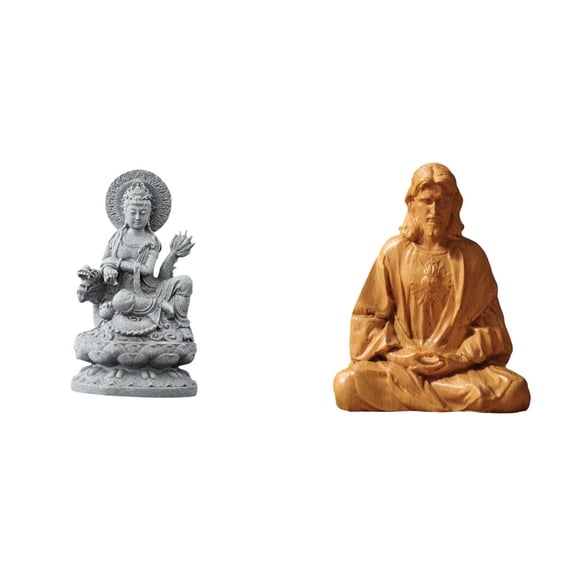 2 Pieces Guan Yin Statue Sacred Heart Jesus Figurine Feng Shui Resin Compact Size Gift for Home Office Decor