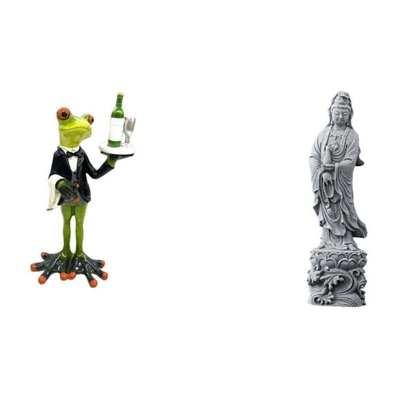 2 Pieces Guan Yin Statue Waiter Frog Figurine Resin Tabletop Sculpture for Living Room Shelf