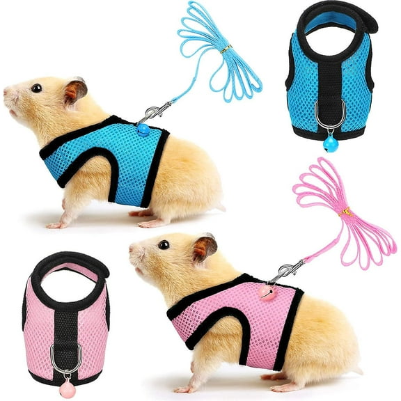 2 Pieces Guinea Pig Clothes Baby Ferret Rats Hamster Soft Mesh Harness Leash Vest Set with Bell for Guinea Pigs, Hamster, Ferret, Rabbit, Chinchilla a