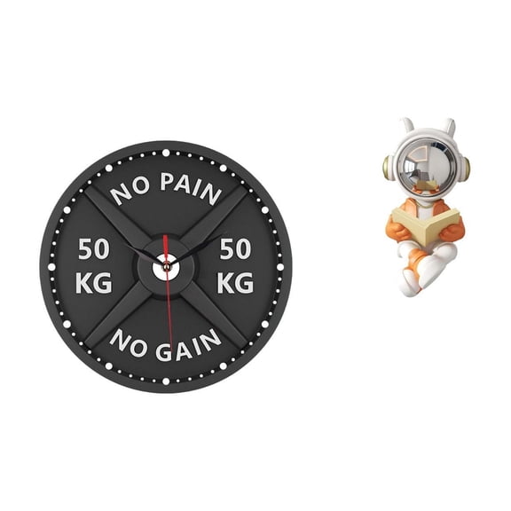 2 Pieces Gym Clock Astronaut Statue Barbell Wall Clock Resin Material for Home Office Living Room Decor