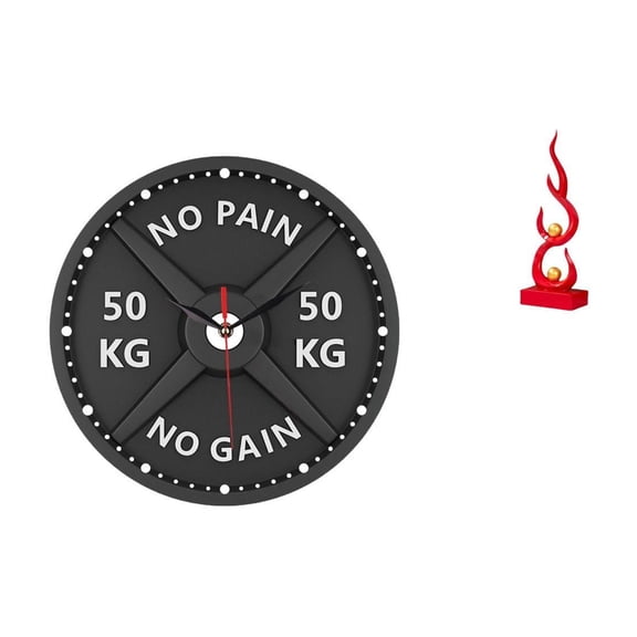 2 Pieces Gym Clock Barbell Wall Clock Bodybuilding Sculpture Resin Flame Ornament for Home Office Decor