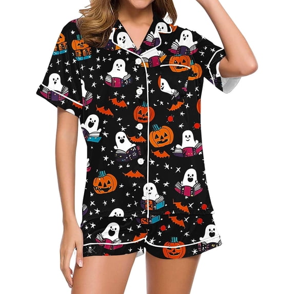 2 Pieces Halloween Pajamas Set for Women Cozy Lounge Outfit Pumpkin Ghost Sleepwear Top and Shorts Festival Everyday Wear