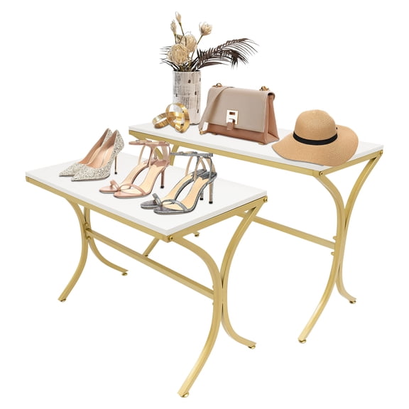 2 Pieces Handbag Display Stands, Display Riser Shelves, Modern Sturdy Nesting Tables For Afternoon Tea, Cakes, Pastries, Desserts Display Tables for Home&Store - White, Gold