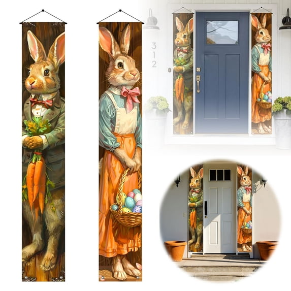 2 Pieces Happy Easter Bunny Porch Banner Sign Cute Bunny Door Banner ...