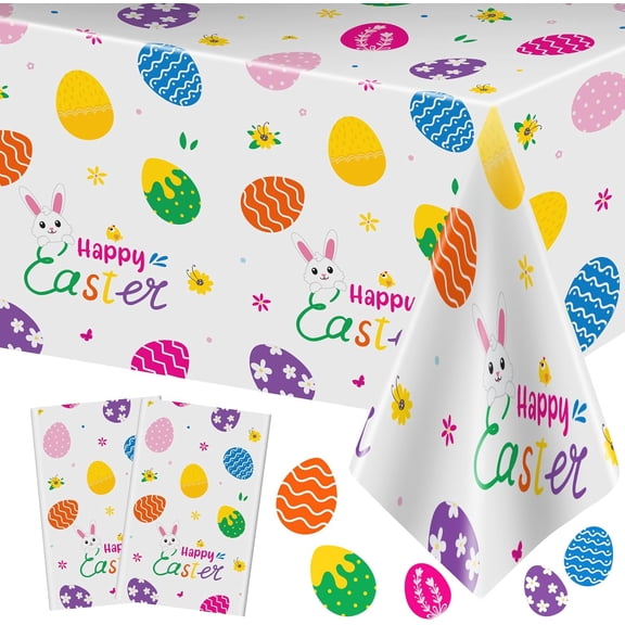 2 Pieces Happy Easter Tablecloth, Rectangle Plastic Easter Bunny Eggs Table Cloth, Disposable Waterproof Easte Table Cover for Easte Day Tables Decorations and Party Supplies Decor, 54 x 108