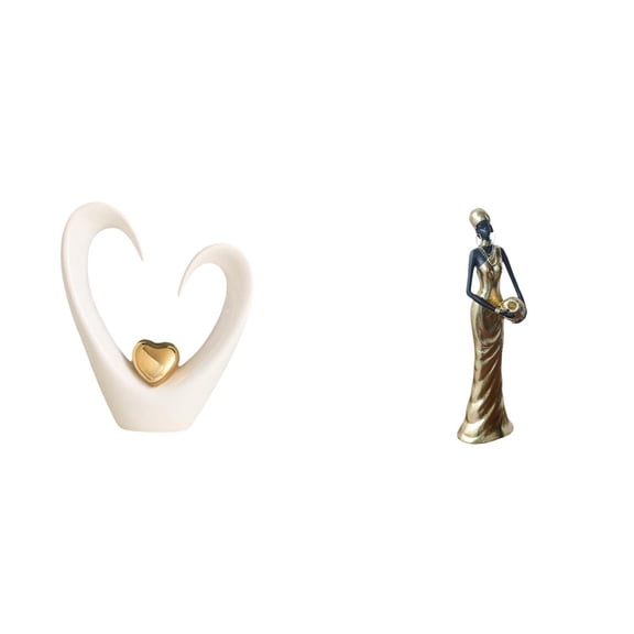 2 Pieces Heart Sculpture African Tribal Lady Figurine Decorative Resin Ceramic Handmade for Home Office Shelf Decor