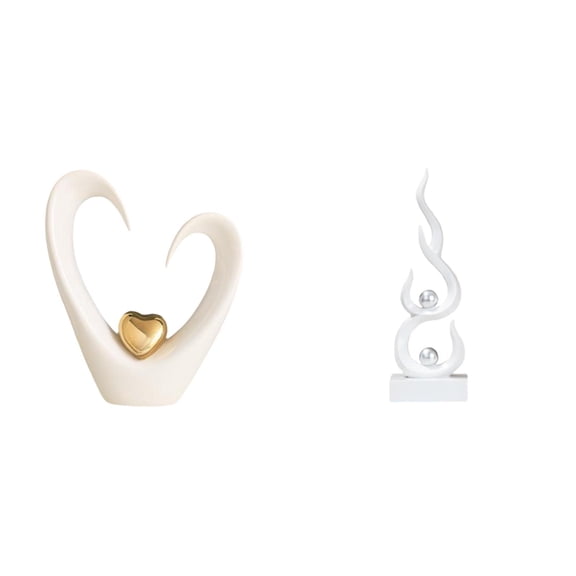 2 Pieces Heart Sculpture Fire Figurine Resin Material Modern Art Decoration for Living Room Office Shelf Desk