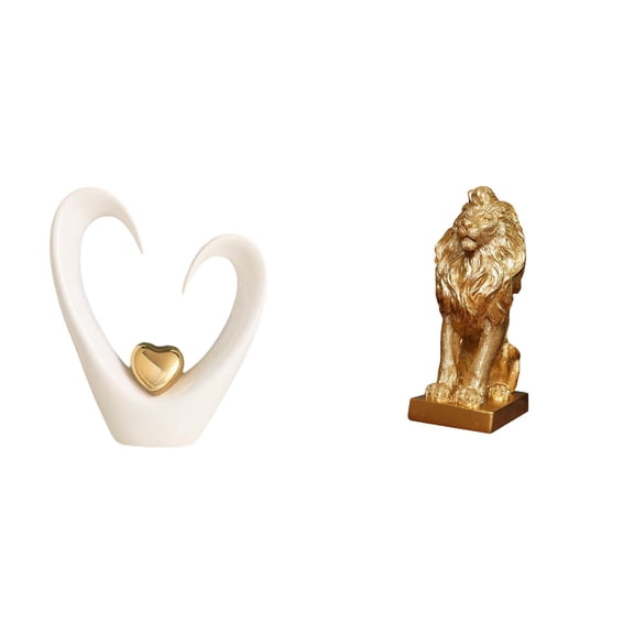 2 Pieces Heart Sculpture Lion Statue Desk Ornament Smooth Ceramic Resin Material Ideal for Home Office Shelf