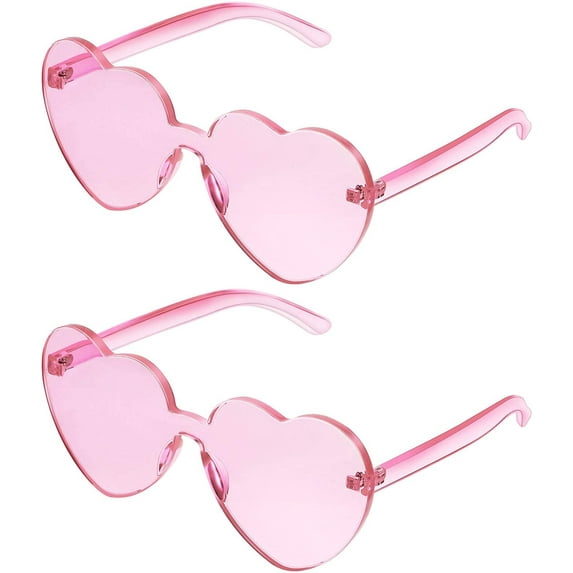 2 Pieces Heart Shape Rimless Sunglasses Transparent Candy Color Frameless Glasses Love Eyewear for Women - Pink