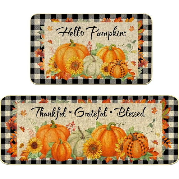 2 Pieces Hello Pumpkin Kitchen Mat Autumn Kitchen Rugs Thanksgiving Decorative Door Mats, Home Seasonal Fall Holiday Party Autumn Maple Leaves Harvest Thankful Grateful Blessed Low-Profile Floor Mat