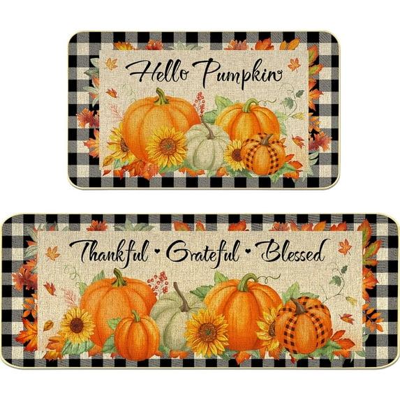 2 Pieces Hello Pumpkin Kitchen Mat Autumn Kitchen Rugs Thanksgiving Decorative Door Mats, Home Seasonal Fall Holiday Party Autumn Maple Leaves Harvest Thankful Grateful Blessed Low-Profile Floor Mat