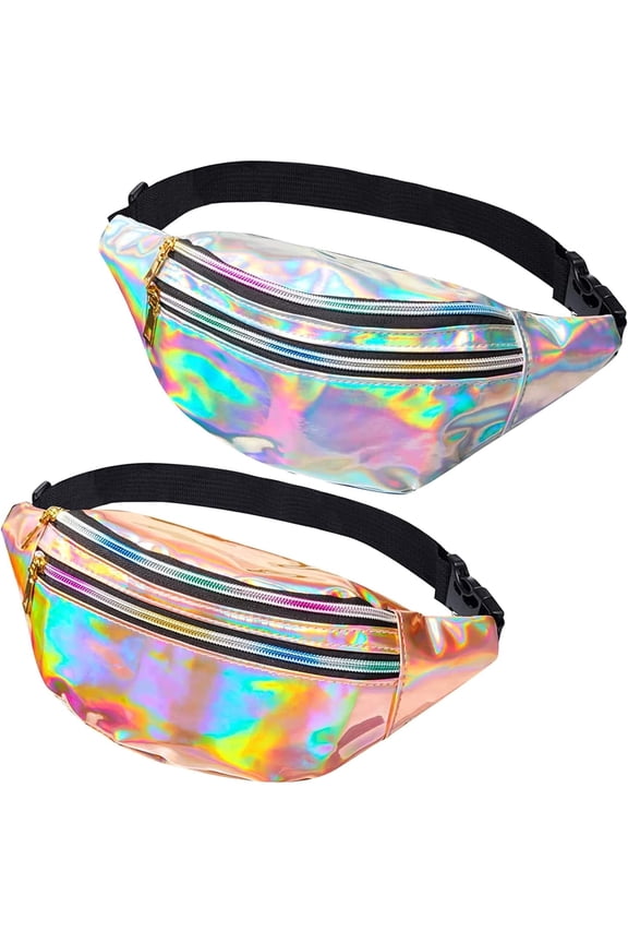 2 Pieces Holographic Fanny Pack,Hologram PU Waist Pack Waterproof Shiny Waist Bag,Laser Waist Bum Bag Adjustable Belt,Metallic Color Sport Waistbag,Fashion Rave Waist Bag(Shiny Silver+Rose Gold)