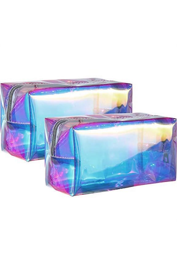 2 Pieces Holographic Makeup Bag Iridescent Cosmetic Pouch Waterproof Portable Handbag for Makeup Tools Organize
