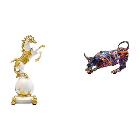 2 Pieces Horse Bull Figurine Resin Sculpture Artistic Hand Painted Tabletop Ornament for Living Room Office Bedroom