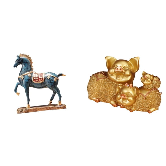 2 Pieces Horse Figurine Pig Statue Resin Material Table Centerpiece for Home Office Bookshelf Decor