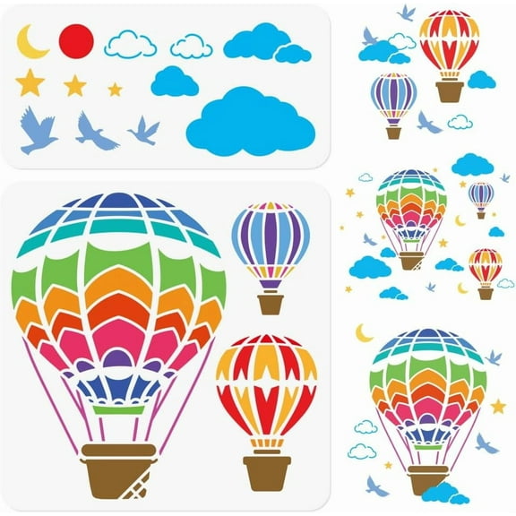 2 Pieces Hot Air Balloons Craft Art Stencils Clouds Plastic Reusable Stencils forWood Burning Paint Templates