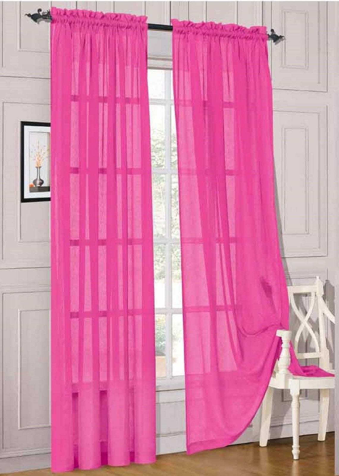 SAMIMPORT-2011 2 Pieces Hot Pink Solid Sheer Voile Window Curtain Set, Two (2) Rod Pocket Panels 55"W x 84"L (Each)