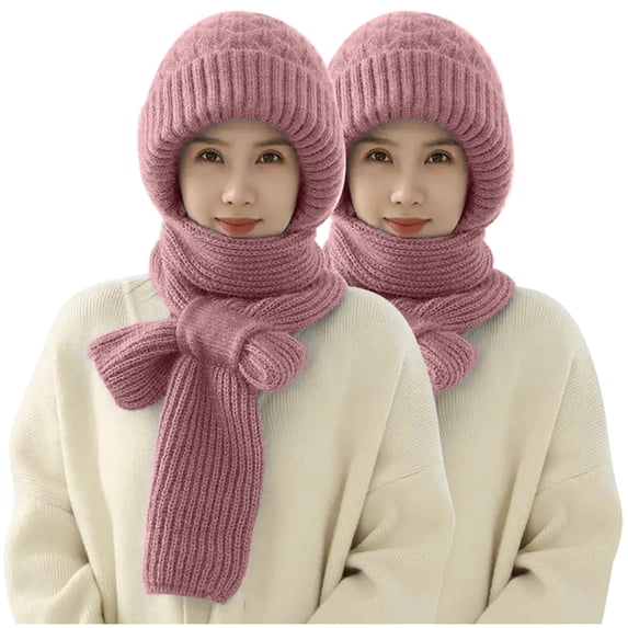ZQUUVOU 2 Pieces Integrated Ear Protection Windproof Cap Scarf 2 In 1 Winter Warm Knitted Hat Scarf Thickening Hat Scarf A-Pink