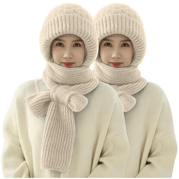 ZQUUVOU 2 Pieces Integrated Ear Protection Windproof Cap Scarf 2 In 1 Winter Warm Knitted Hat Scarf Thickening Hat Scarf A-White