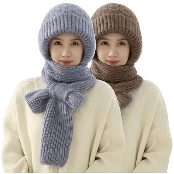2 Pieces Integrated Ear Protection Windproof Cap Scarf 2 In 1 Winter Warm Knitted Hat Scarf Thickening Hat Scarf F-Khaki