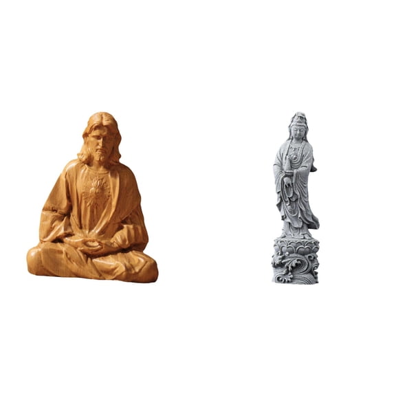 2 Pieces Jesus Figure Catholic Figurine Guan Yin Statue Stone Resin Artwork for Living Room Church Meditation Space