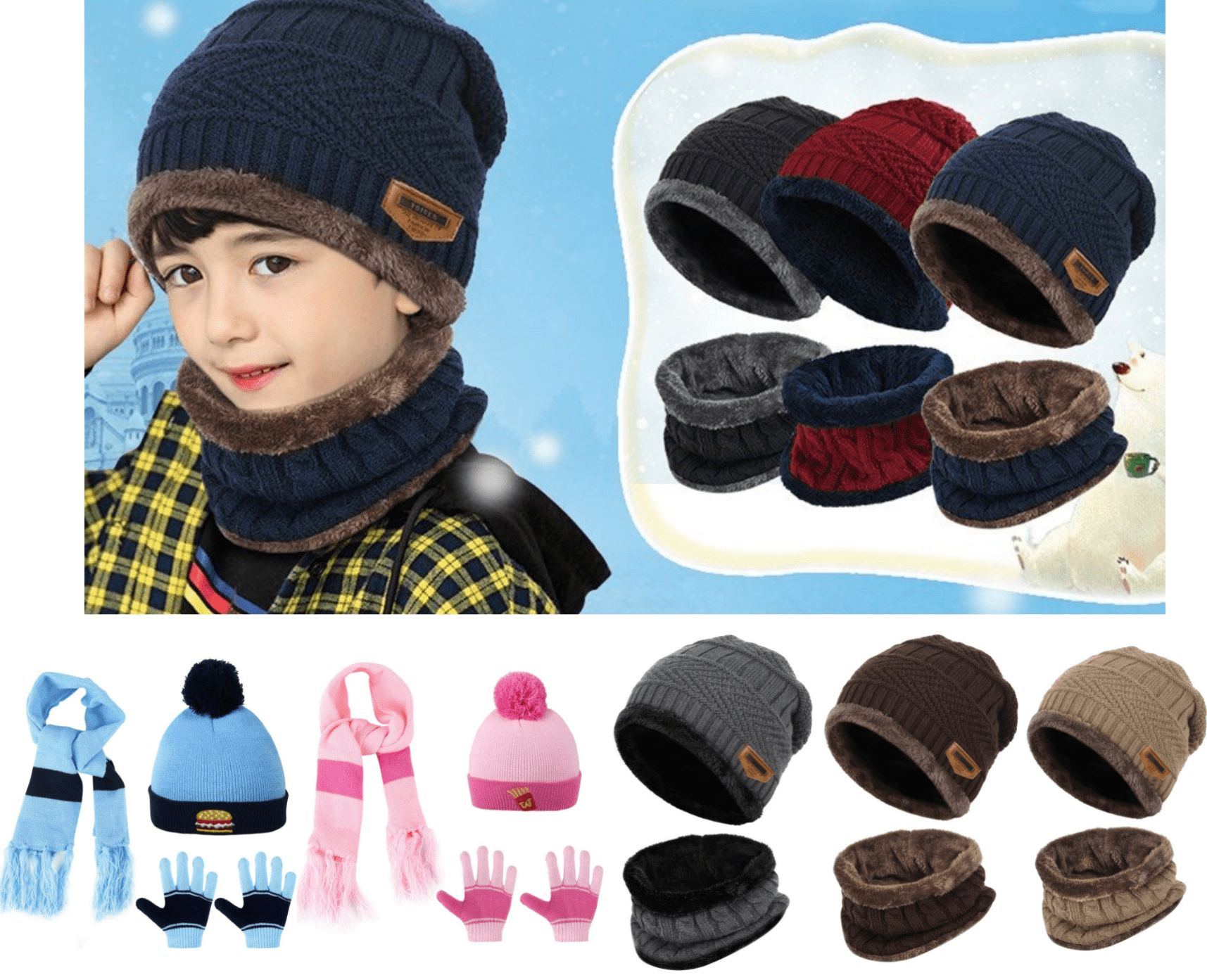 2 Pieces Kids Winter Beanie Hat Scarf Set Kids Knit Hat Warm Scarf Scarf for Girls Boys Black