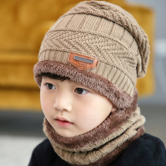 2 Pieces Kids Winter Hat Scarf Sets Thick Fleece Lining Cap Knitted Neck Warmer Gaiter for Boys and Girls, Age 5-14