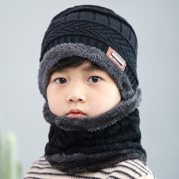2 Pieces Kids Winter Warm Knitted Hat and Scarf, Knit Beanie Cap Fleece Lining Thick Knit Skull Cap for Boys and Girls "Light Brown"